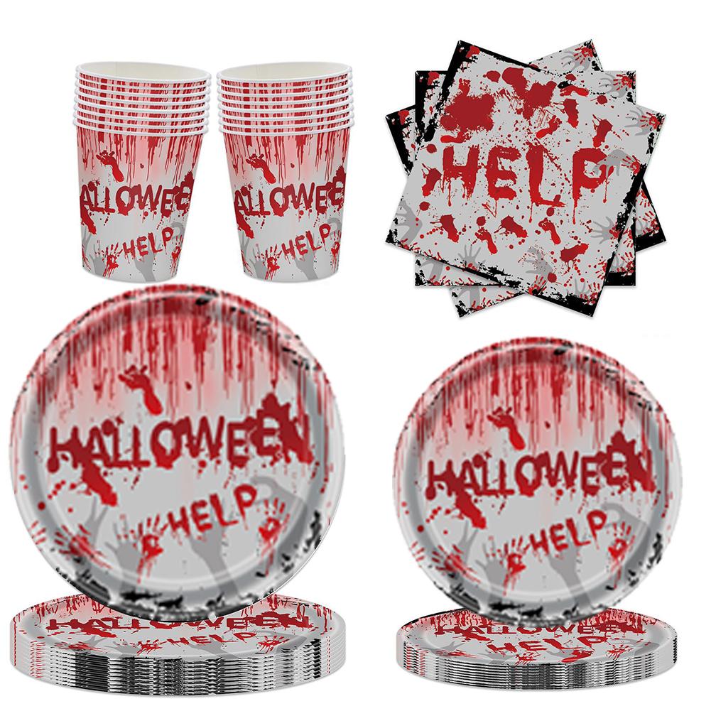 9-Piece Scary Bloody Hand Print Disposable Tableware Set Halloween Scary Decorations For Bloody Good Time (Serves 16)