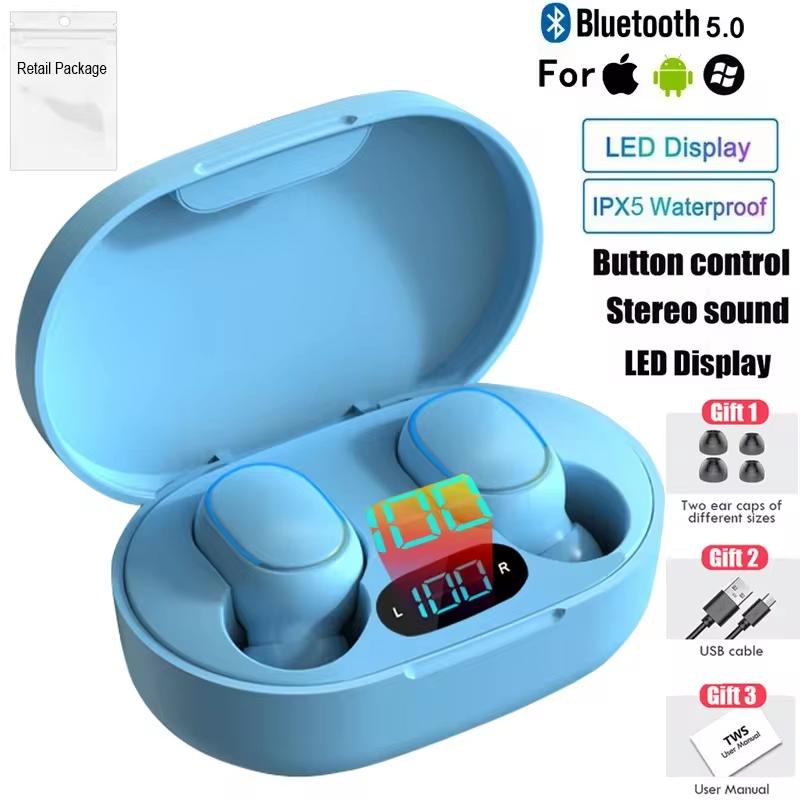 E7S TWSWireless Bluetooth Earphones HiFi Stereo Noise Cancelling Sport Mini Earbuds Headset with Mic Compatible with Smartphones