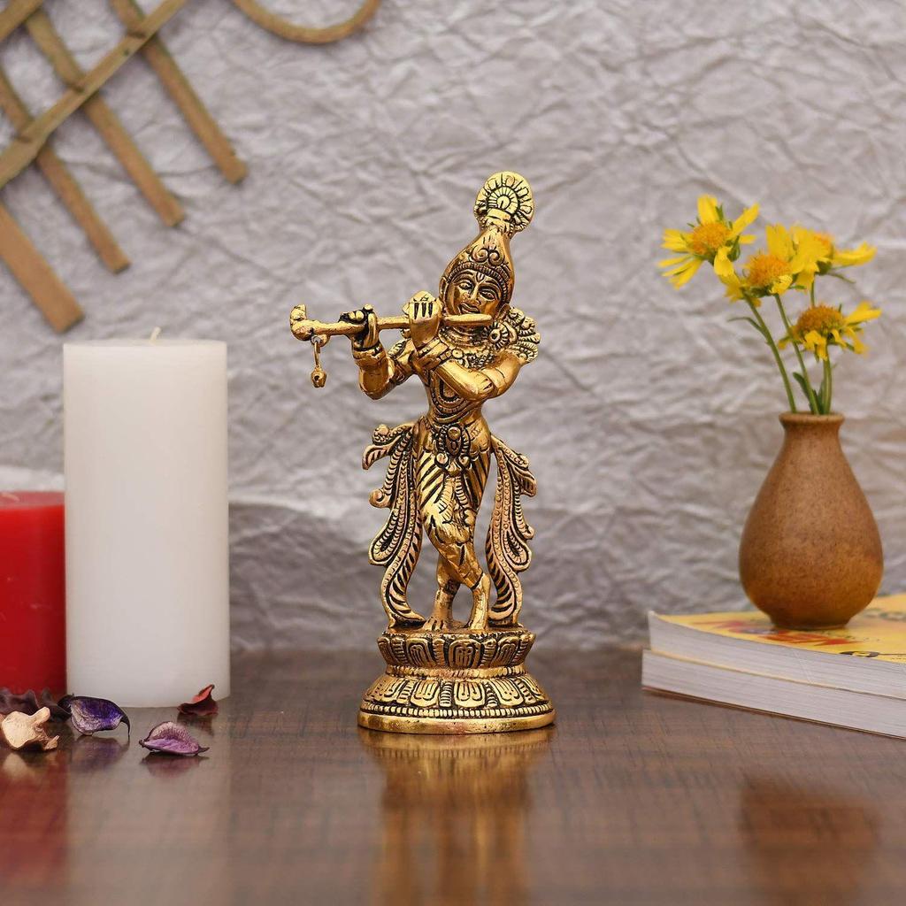 Lord Krishna Idol Statue Krishna Idols Gold Plated Flute Playing Krishan Decorative Showpiece Figurine for Pooja Room & Gift (Set of 1)