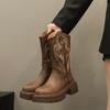 New Style Luxury Plus Plush Leather Western Mid Calf Boots Embroider Women Autumn Winter Ankle Boots Ladies Boots Zapatos Mujer