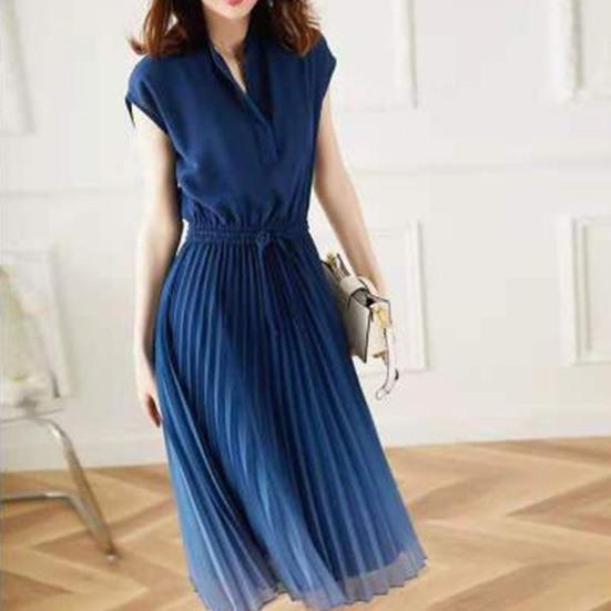 Stand Collar V-neck Flying Sleeve Elastic Waist Drawstring Summer Dress Gradient Color Pleated