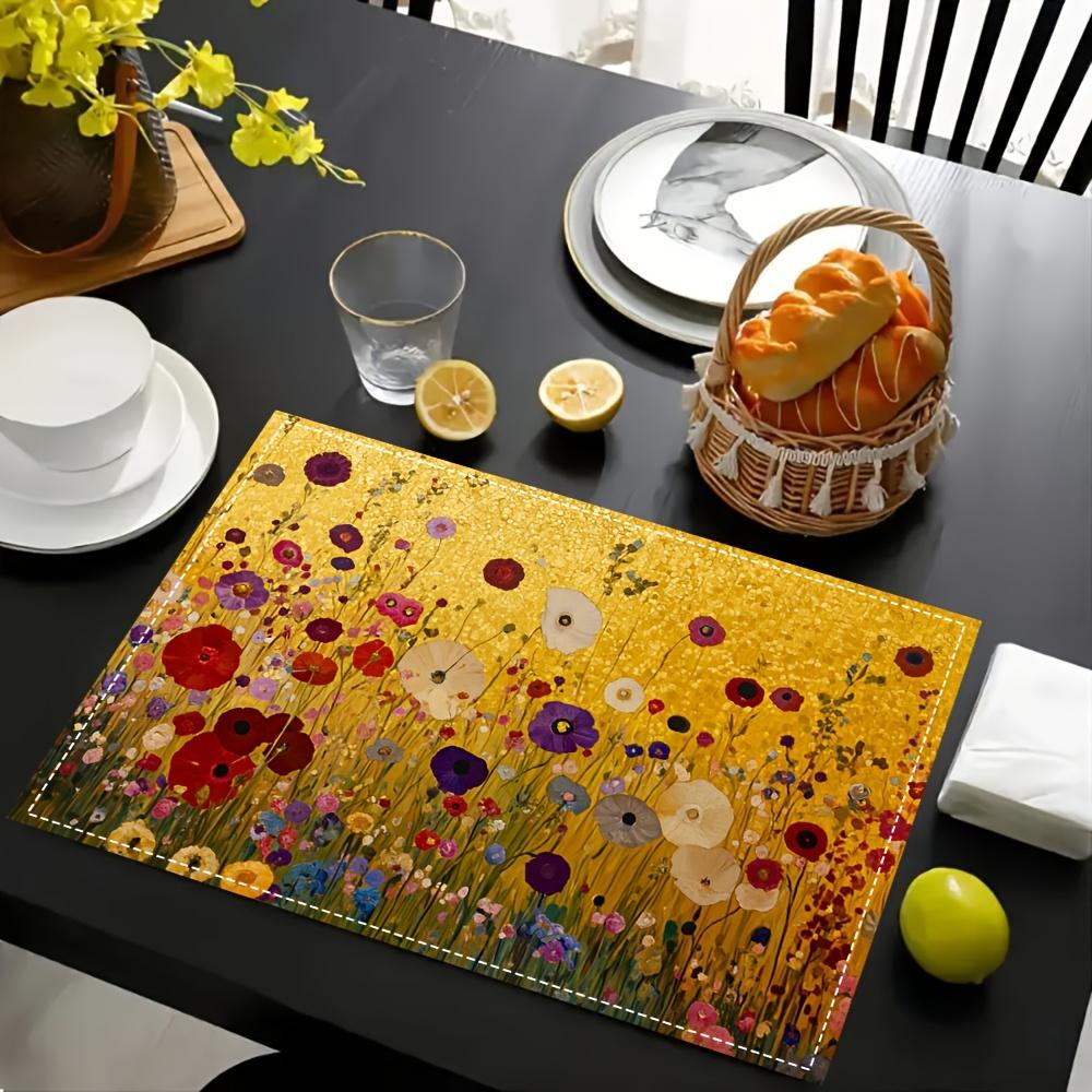 4pcs, Flowers Placemats, 12x18in Rectangular Machine Washable Table Mats with Vibrant Floral Art, Golden Background & Textured Weave for Dining, Kitch