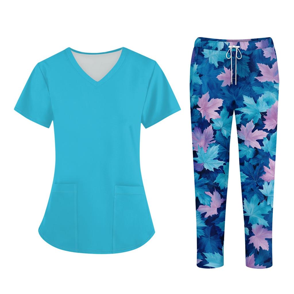 Plus SizePrinted Scrub Working Uniform Tops For Women's Cross V-Neck Halloween Print Short Sleeve Fun T-Shirts Workwear Tee With Pockets