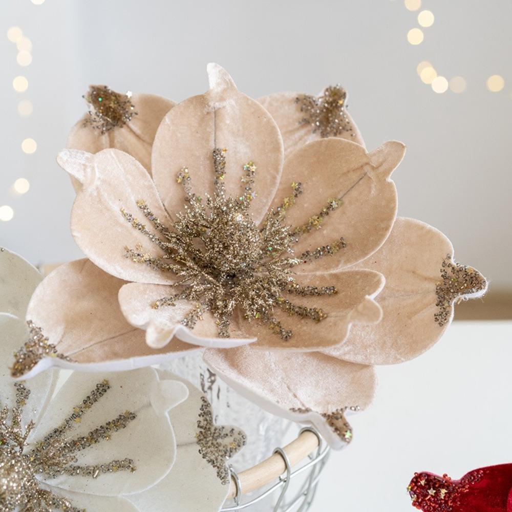 Sequin Artificial Poinsettia Glitter Flower 25cm 3D Simulation Magnolia  New Year Gifts