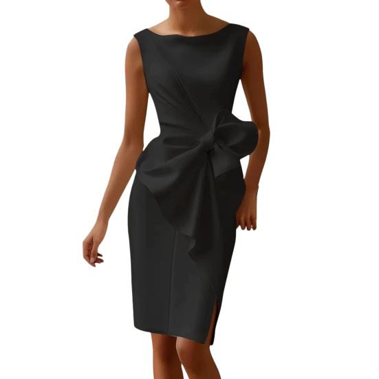 Женское приталенное платье без рукавов с драпировкой, бантом и разрезом сбоку, миди-платье, женское официальное коктейльное платье, платье для работы