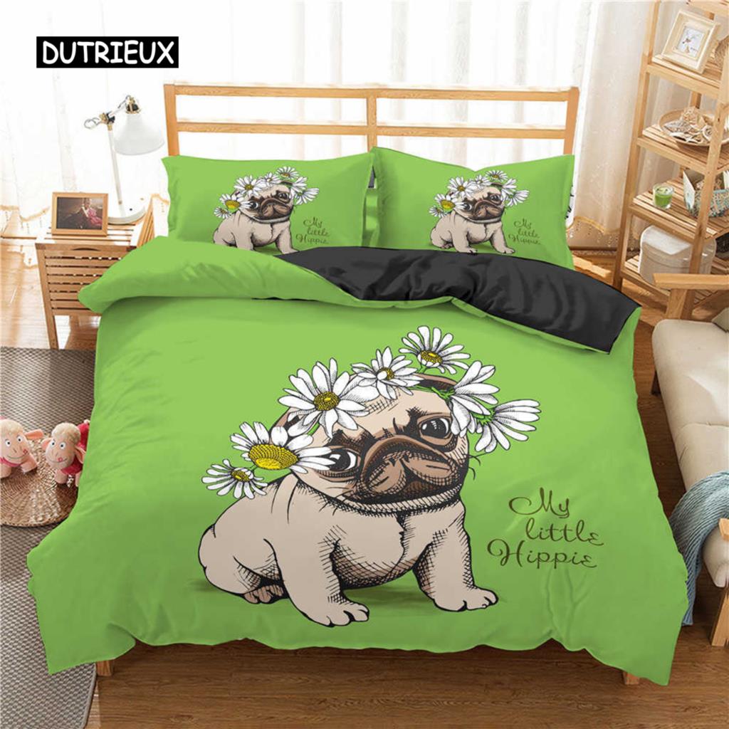 Пододеяльник с изображением мопса, комплект постельного белья с изображением собаки и цветов, тематика животных для детей, подростков, мальчиков, милый мопс, пододеяльник из полиэстера размера King Size