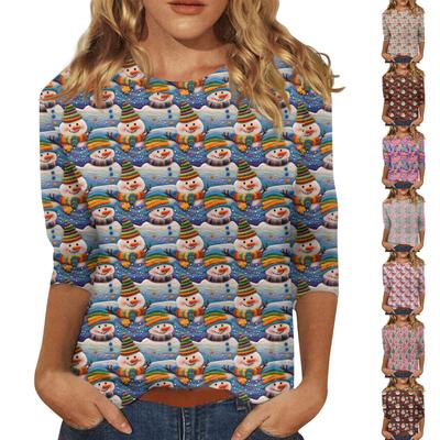 Женская модная повседневная футболка с рукавом три четверти и рождественским принтом, с круглым вырезом