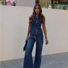 Spring and Summer Women's Sleeveless Denim Trousers Set Cropped Vest Top + Wild Basic Women's Wide Leg Long Pant Suit