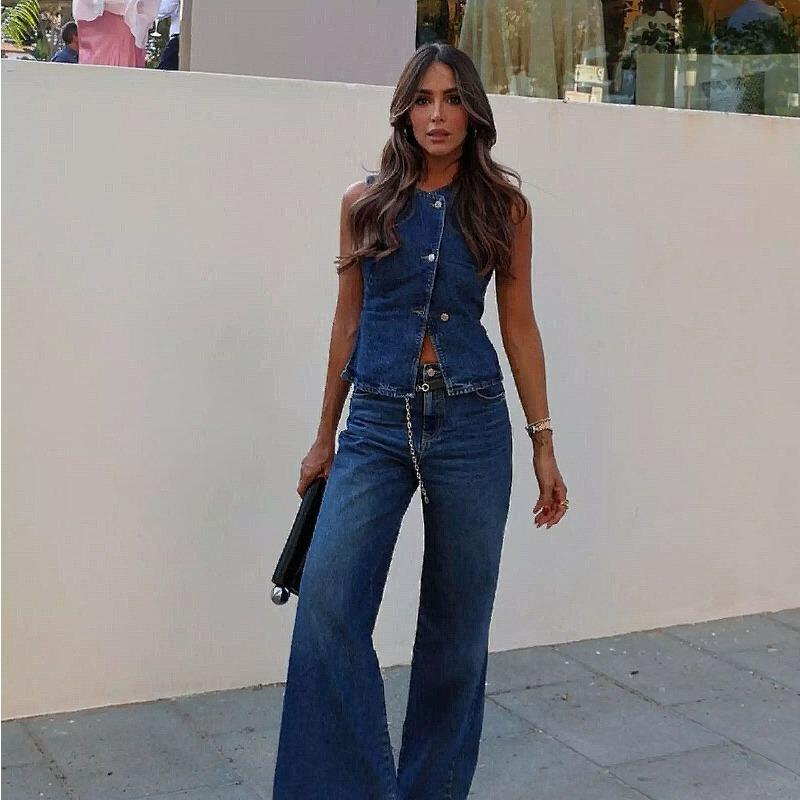Spring and Summer Women's Sleeveless Denim Trousers Set Cropped Vest Top + Wild Basic Women's Wide Leg Long Pant Suit