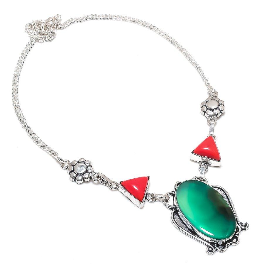 Зеленый оникс, Коралл Драгоценный камень 925 Стерлинговое серебро Ювелирное изделие Ожерелье 18"