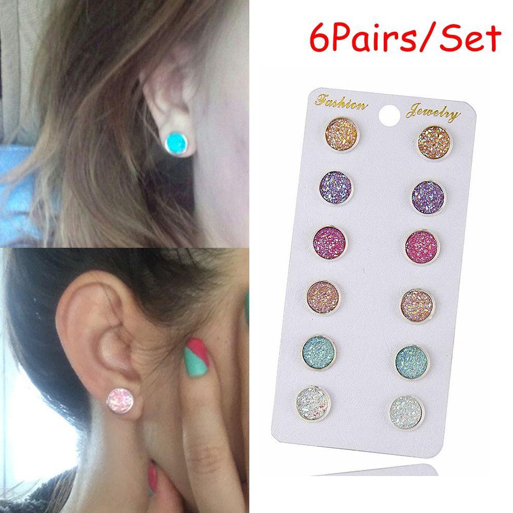 6Pairs/Set Party Natural Stone Amethyst Quartz Ear Stud Jewelry Durzy Earrings Crystal
