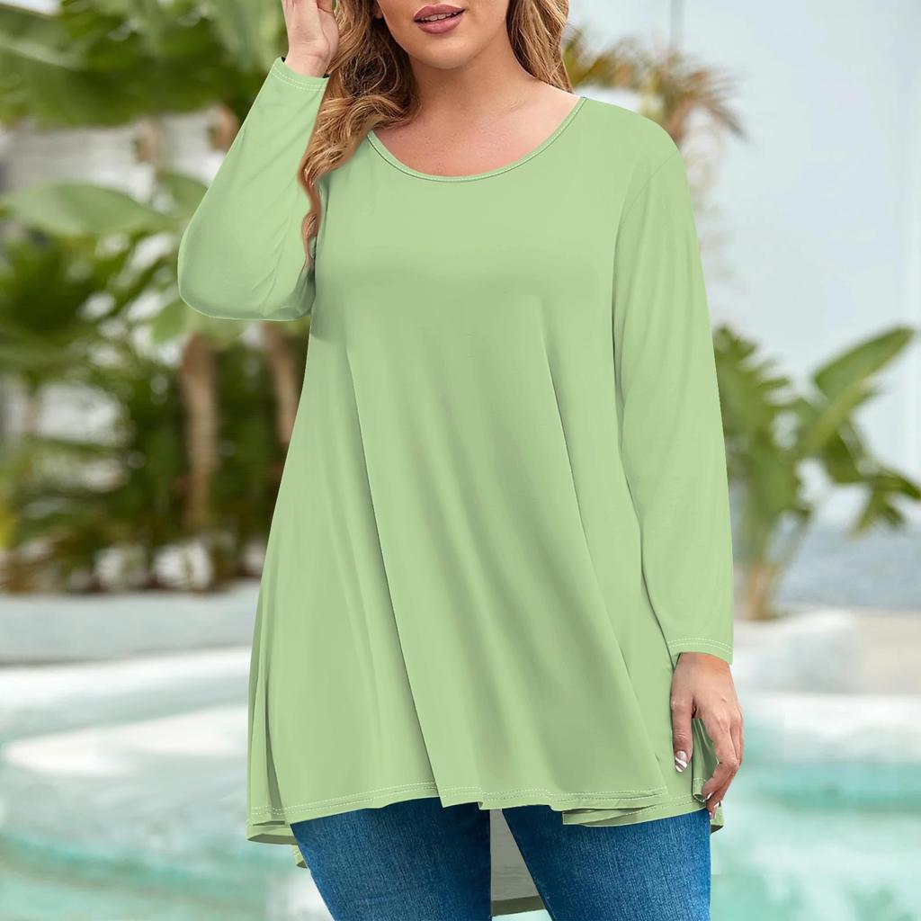 Women's Fashion Large Size Round Neck Long Sleeve Casual Solid Color Loose Pullover Top