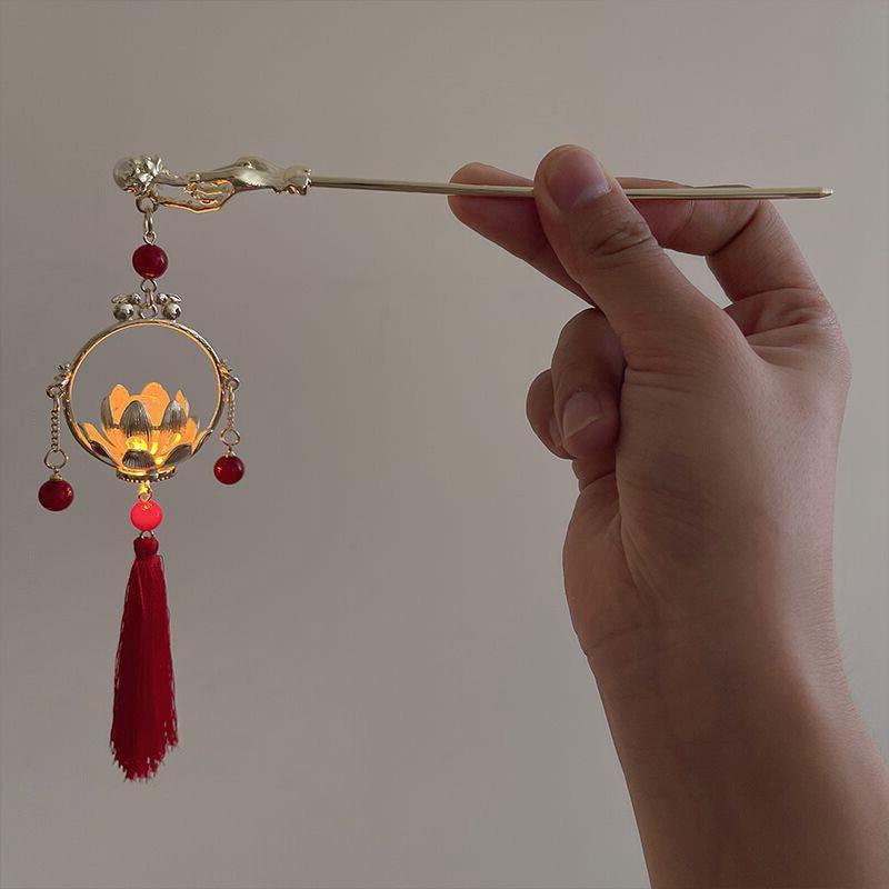 Заколка для волос в старинном стиле, 1 шт., китайский дворец, фонарь, шпилька для волос, вилки, ретро, золотой цветок лотоса, кисточка, головной убор для женщин и девочек