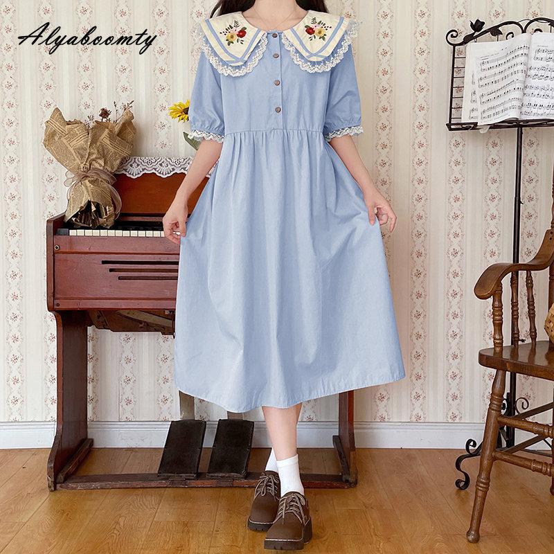 Японское летнее женское милое платье Mori Girl с воротником Питера Пэна, розовое, синее платье с цветочной вышивкой, милые платья Kawaii с кружевными оборками