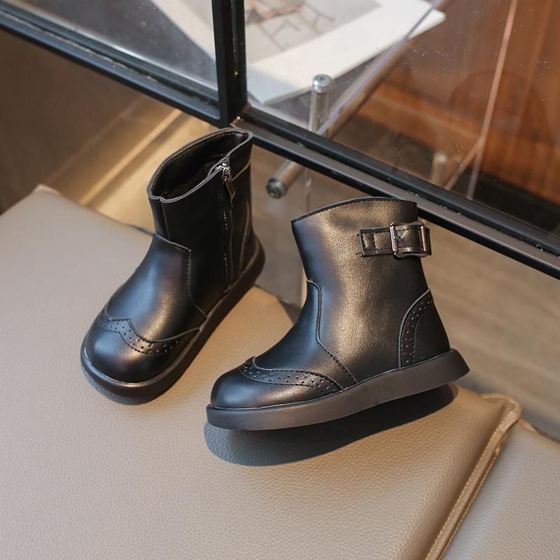Зимние ботинки для девочек в британском стиле, однотонные повседневные детские кожаные ботинки, теплые плюшевые детские модные хлопковые ботинки до щиколотки, универсальные