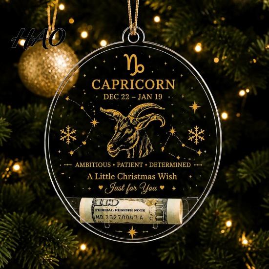 Acrylic Decorative Pendants Christmas Tree Money Holder Pendant, Transparent Round Hanging Ornament, 12 Ornaments Zodiac Signs Theme Accent for Party