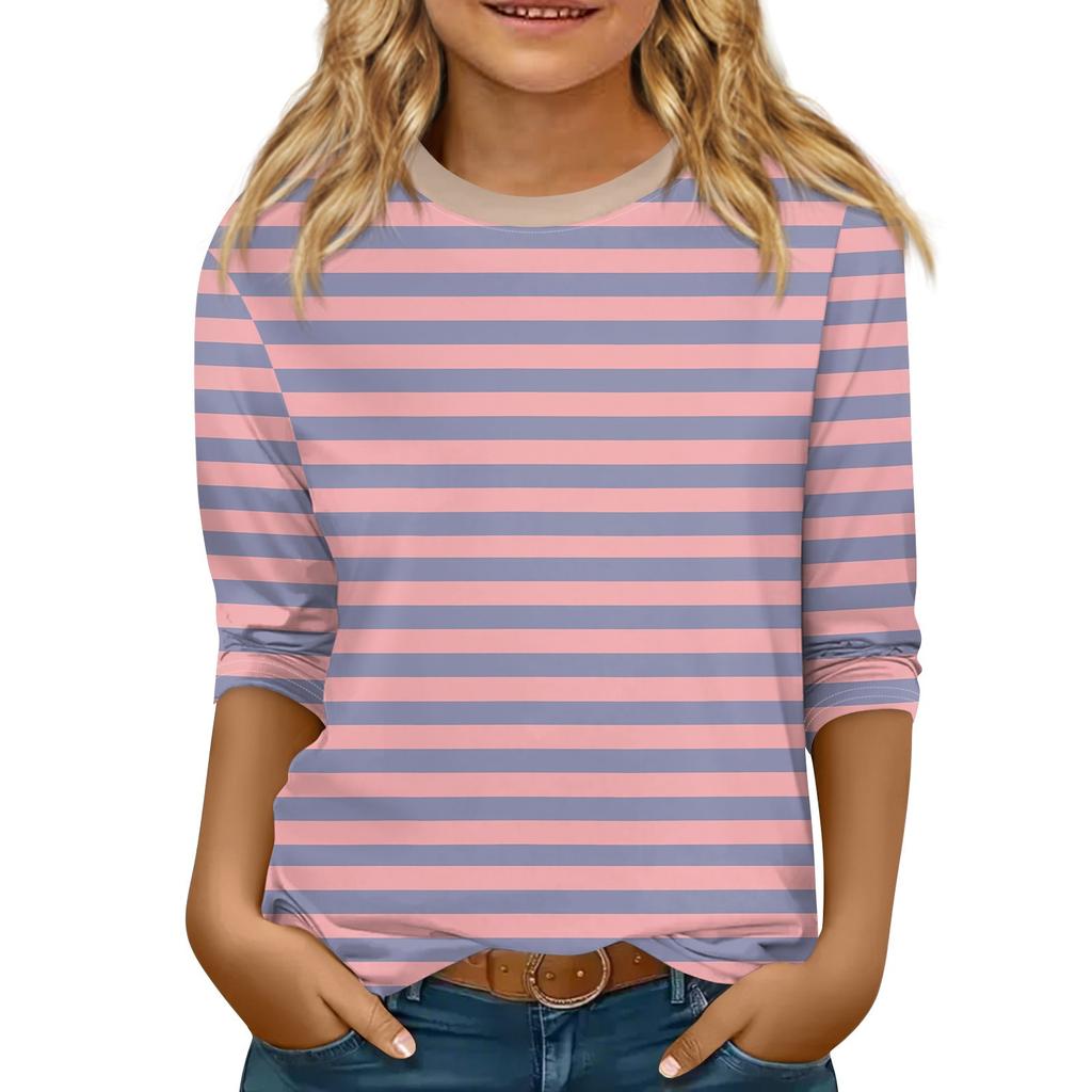 Children's 3/4 Sleeve Tops Casual Print T Shirt Round Neck Pullover Blouse