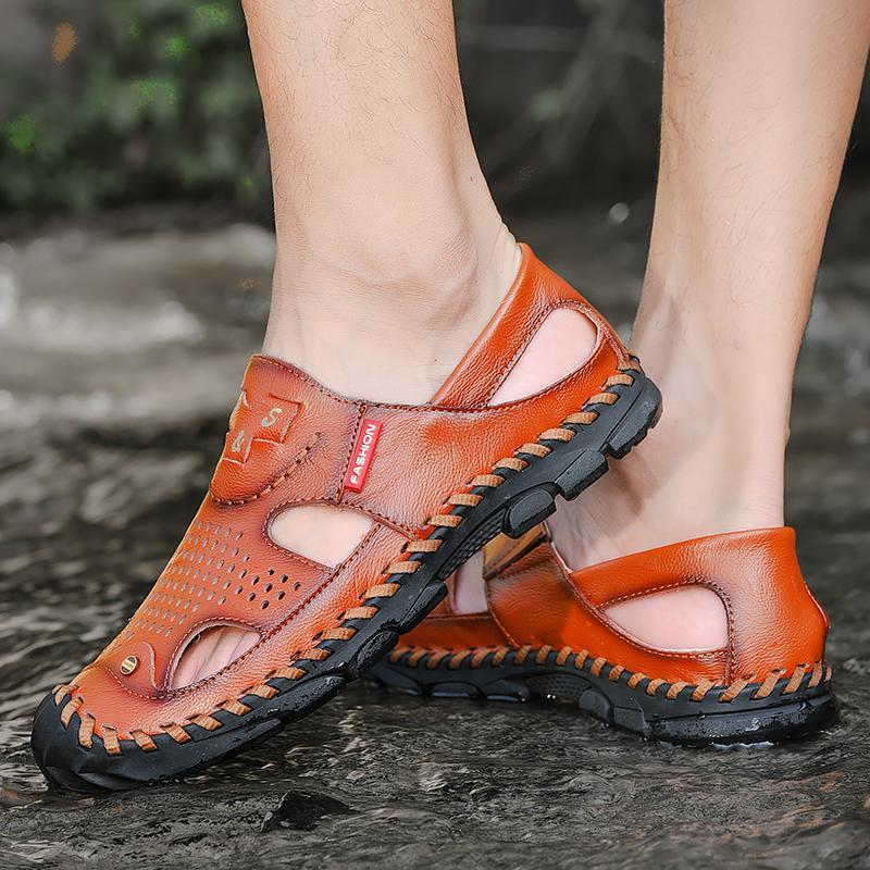 Мужская обувь из натуральной кожи, пляжные сандалии, прочные сандалии ручной работы с закрытым носком, нескользящая обувь для отдыха на природе