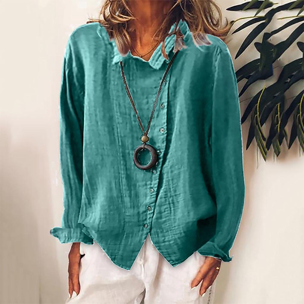 Модная женская хлопковая льняная повседневная однотонная футболка с длинными рукавами на пуговицах, блузка, топы