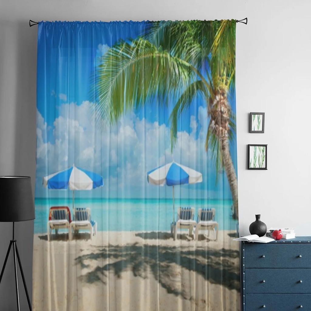 Chairs And Palm Trees On The Beach Sheer Curtains For Bedroom Living Room Tulle Curtains For Kitchen Window Voile Curtains