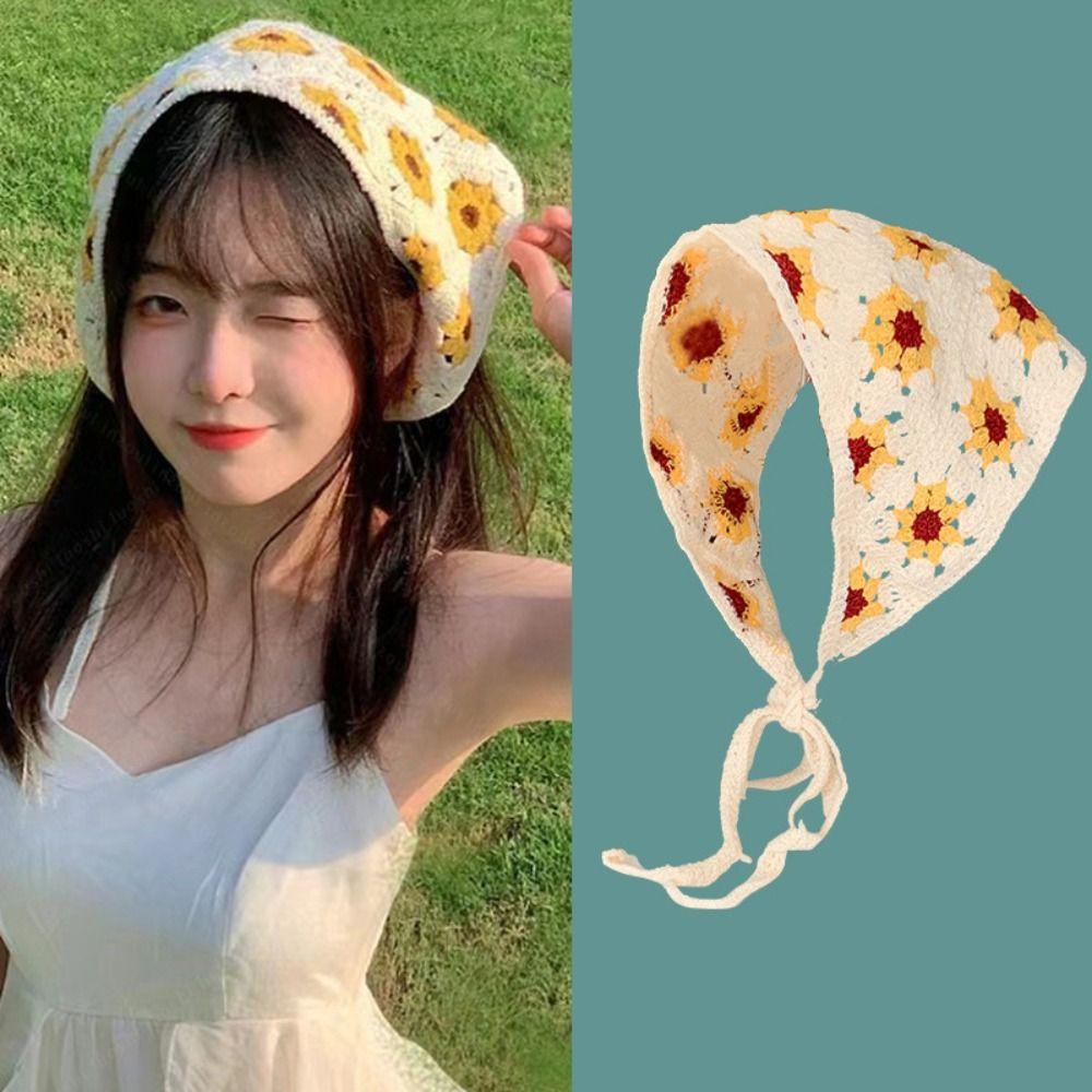 Вязаный Девочка Цветок Косынка Крючком Пляжный Отпуск Волосы Аксессуар Милая Треугольная Повязка на Голову