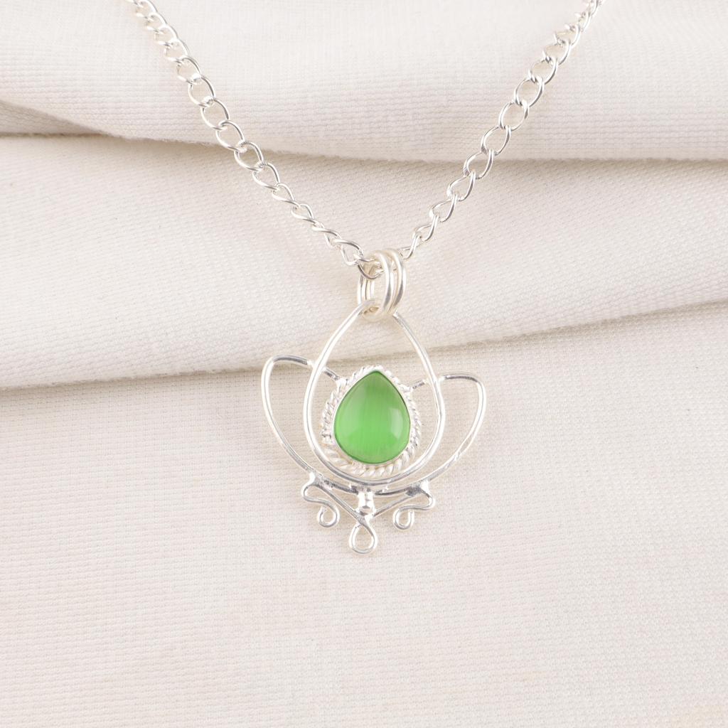 Green Cat's Eye Gemstone Jewelry, 925 Solid Sterling Silver Jewelry, Handmade Spiritual Jewelry For Wedding Gift