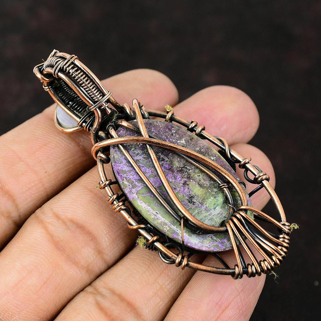 Подвеска из драгоценного камня пурпурит от сглаза, обернутая в медь, подвеска ручной работы, подвеска из радужного лунного камня, ювелирные изделия от сглаза, подарок для нее, медные украшения