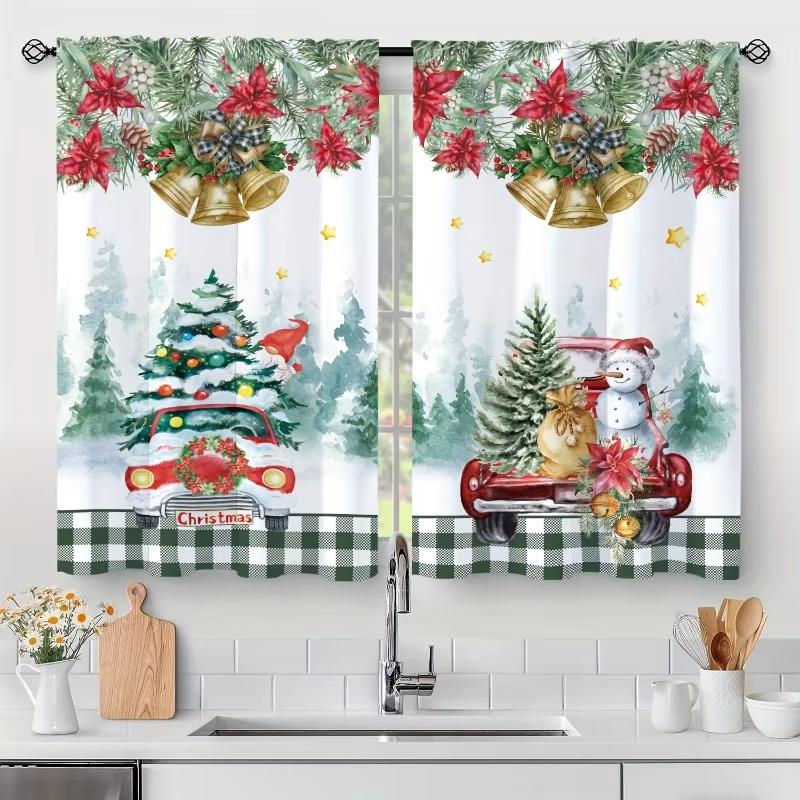2pcs Green Pine Branch Golden Christmas Ball Pattern Curtains,Kitchen Curtain for Bedroom Living Room Home Holiday Decoration