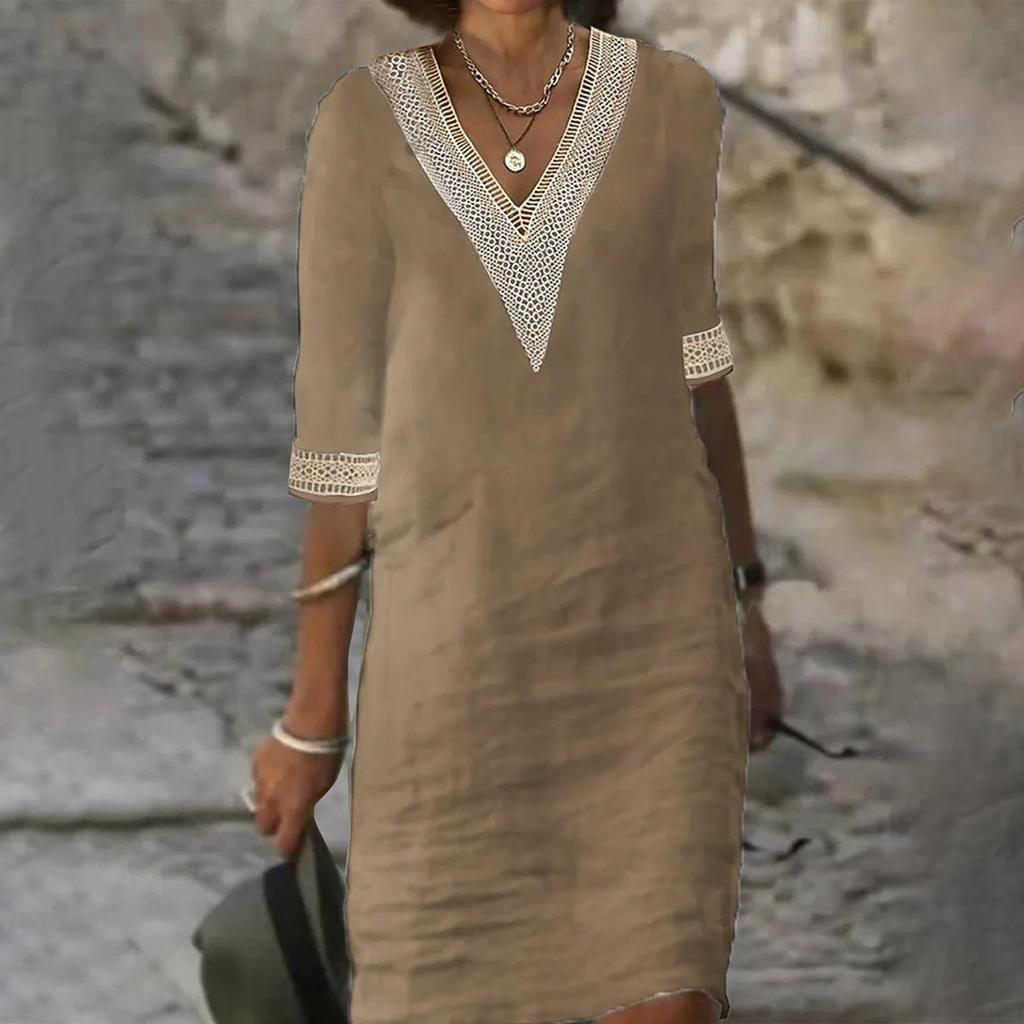 Женское однотонное хлопково-льняное повседневное платье с v-образным вырезом и кружевом среднего размера