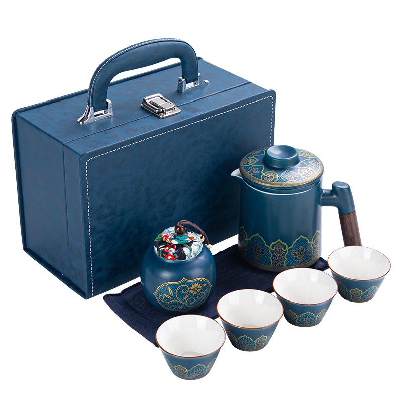 Portable ceramic express cup, one pot, four cups travel tea set, portable teapot, teacup small set, business gift.