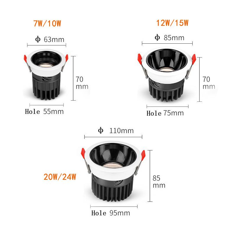 Встраиваемый светодиодный потолочный светильник COB с регулируемой яркостью, прожектор, алюминиевый светильник 7 Вт 10 Вт 12 Вт 15 Вт 20 Вт 24 Вт AC110 В 220 В для домашнего офиса, магазин