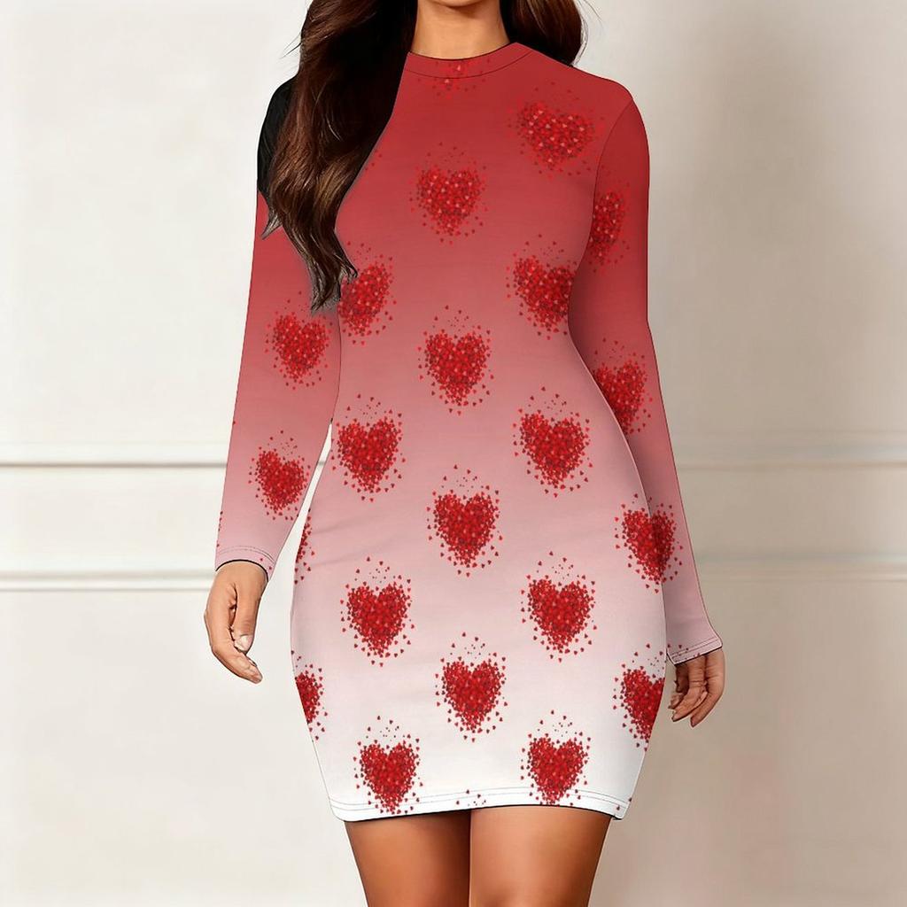 2025 Осень и Зима Новое 3D Принт с Любовным Узором и Окрашивание Женская Мода Платье с Длинным Рукавом и Круглым Вырезом, Облегающее Бедра Ограниченная Серия ко Дню Святого Валентина
