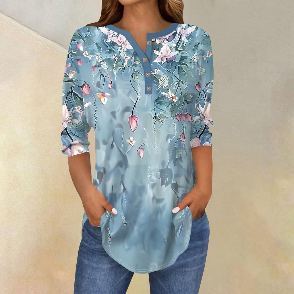 Рубашки с рукавом 3/4 для женщин, модные, повседневные, с круглым вырезом, с принтом, футболка, топ