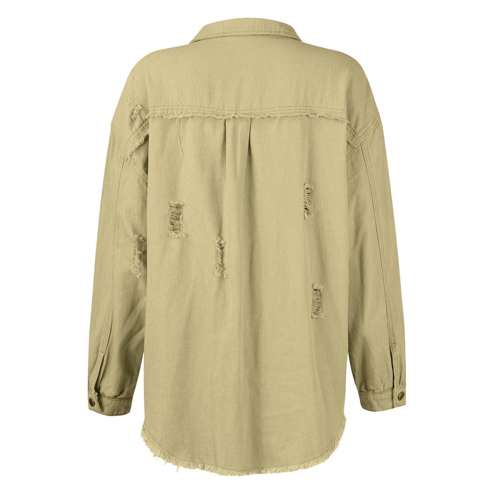 Jackets for Women Basic Distressed Ripped Fringe Denim Tops Casual Solid Color Long Sleeve Button Jean Coat