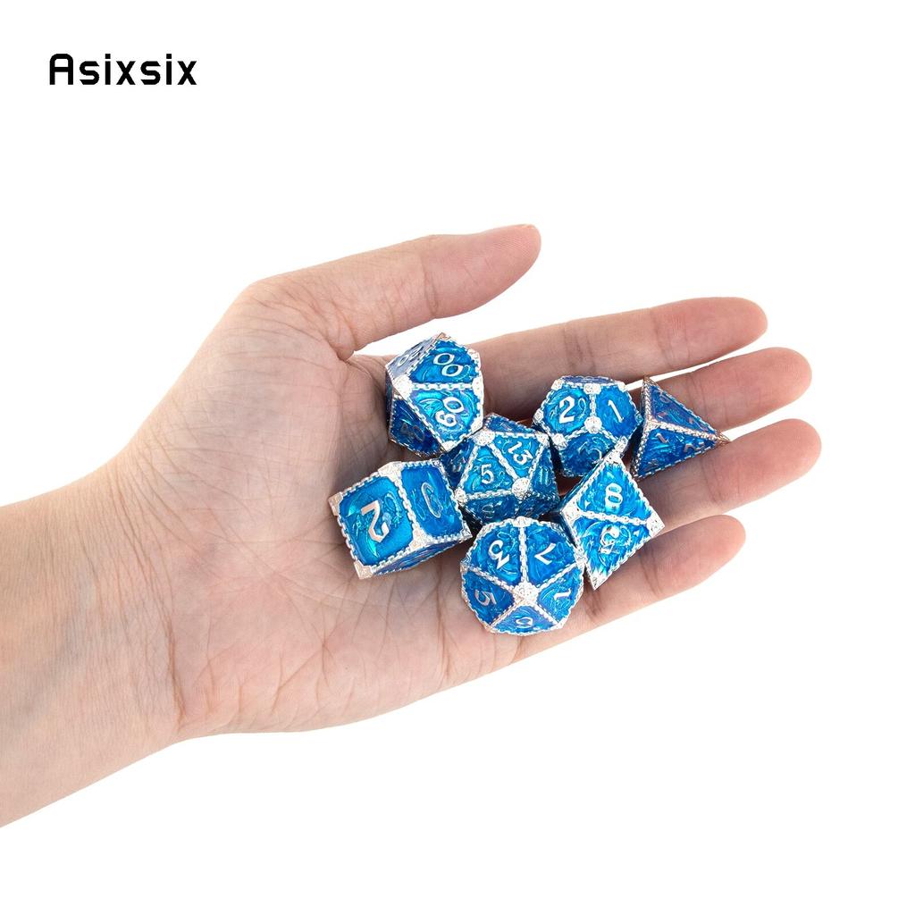 7 Pcs Blue White Dragon Metal Dice Solid Metal Polyhedral Dice Set Suitable for Role-Playing RPG Board Game Card Game