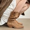 Женские ботинки Роскошные замшевые кожаные повседневные ботинки Модные ботинки до середины икры с острым носком Толстый каблук Ковбойские ботинки в западном стиле Botas Mujer
