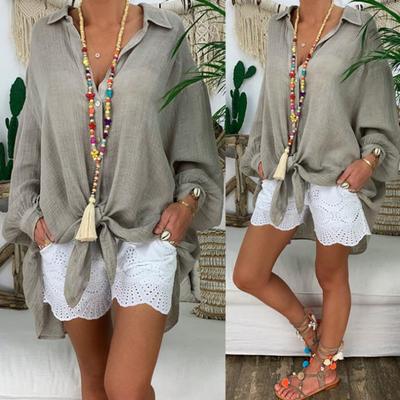 Женская рубашка с лацканами, длинный рукав, однобортная, повседневная рубашка, однотонная, свободного кроя, рубашка средней длины, повседневная одежда