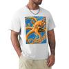 Tangerine Octopus on Blue Background TShirt Functional Casual Short Sleeve Tee