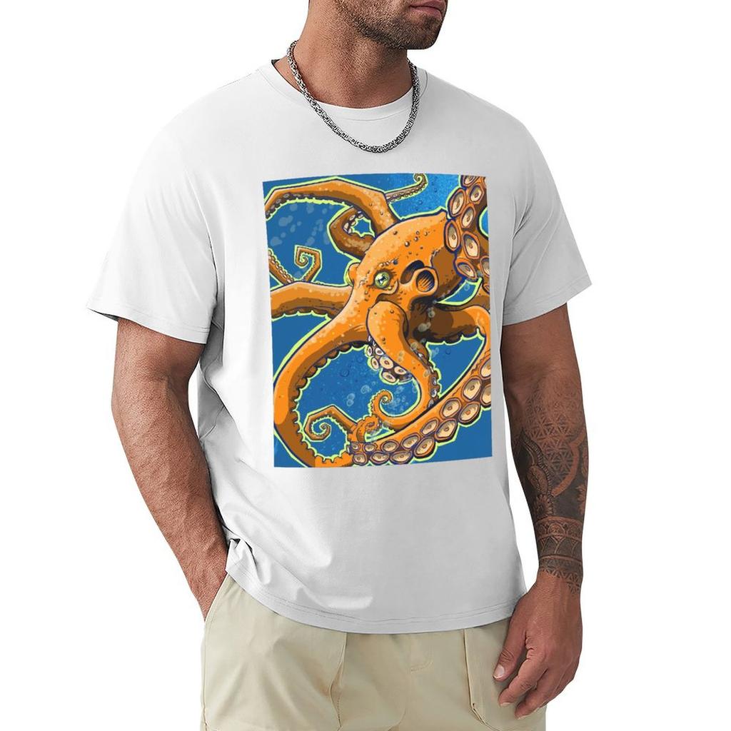Tangerine Octopus on Blue Background TShirt Functional Casual Short Sleeve Tee