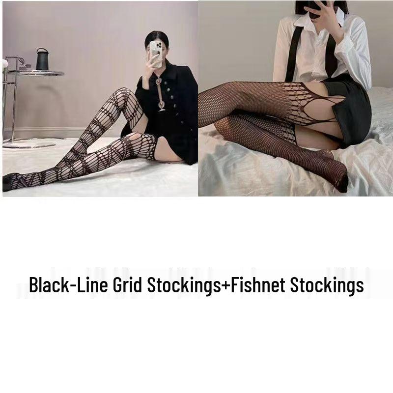Винтажные черные шелковые чулки-сетка на подтяжках - Тонкие, рваные выше колена для весны и осени