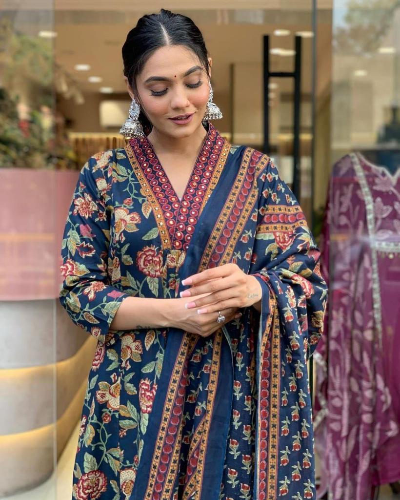 Индийские женщины А-силуэта Курта Брюки Дупатта Комплект Дизайнерская праздничная одежда Верхняя туника Сальвар Костюм Курти