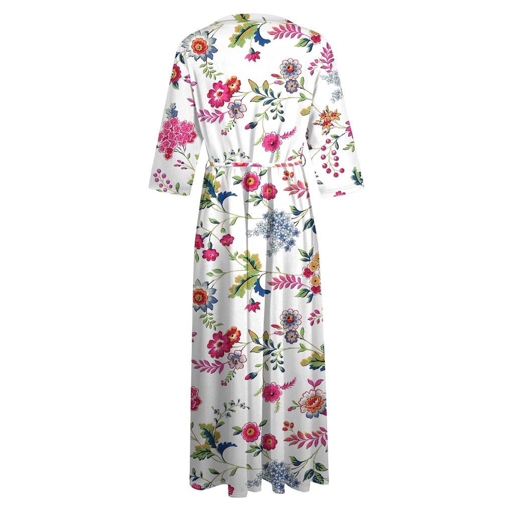 Women's Fashion Floral Printed Lapel Buttoned Seven-Point Sleeve Dress With Tie-Downs