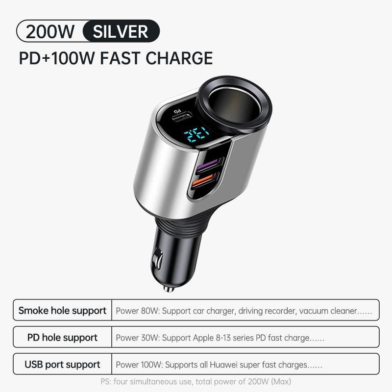 200W Car Charger Fast Charging Voltage Display USB 100W PD 30W 4 in 1 Dual 12V/24V Cigarette Lighter Splitter Power Adapter