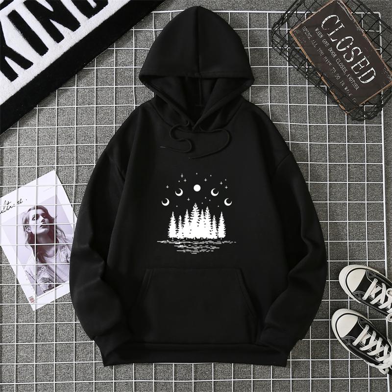 Hooded Dark Forest Print Letter Universe Faith Harajuku Hooded Women Hoodie O-neck Long Sleeve White Tops Female Clothing