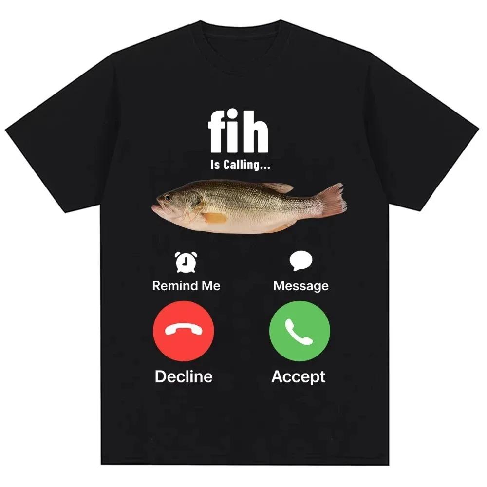 Fih Is Calling Смешной Рыбацкий Мем Графическая Футболка Окунь Рыба Юмор Повседневная Черная Унисекс Женская И Мужская Футболки