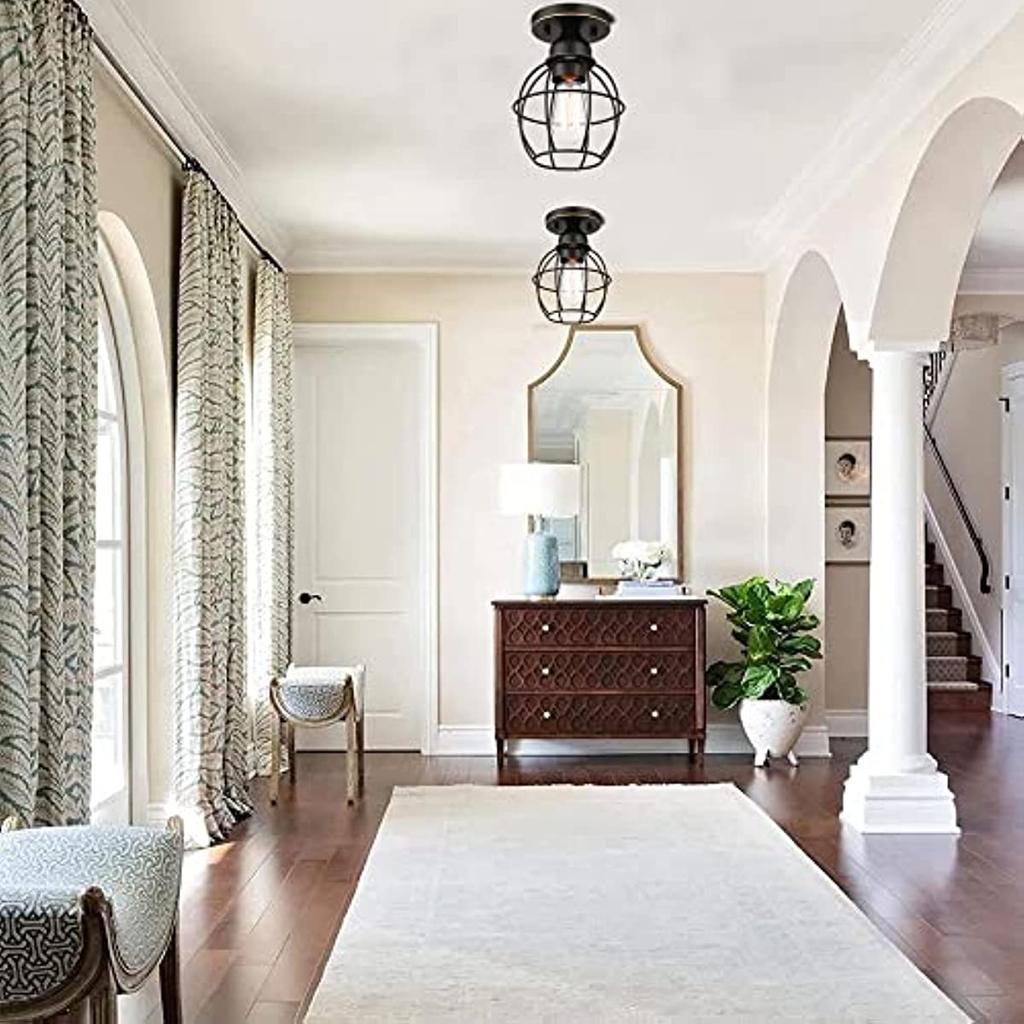 Полувстроенный потолочный светильник с одной лампой, бронзовый промышленный потолочный светильник с масляной облицовкой и металлической клеткой, освещение крыльца