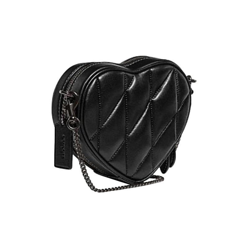 COACH Heart 14 solid color chain zipper closure striped quilted heart shape sheepskin and cow leather shoulder crossbody bag mini women's black