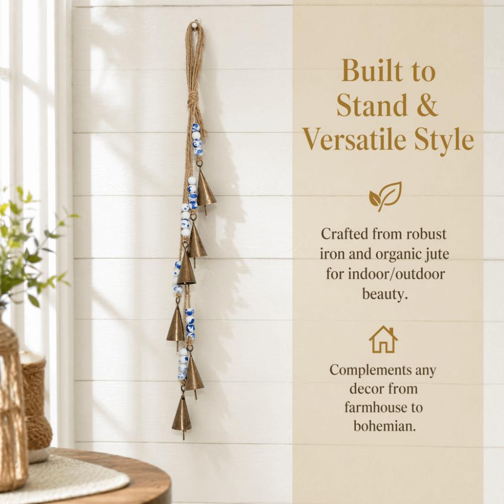 16.93in Rustic Metal Cowbell Built-in Metal Clapper Vintage Gold Wind Chime Home Wall Hanging