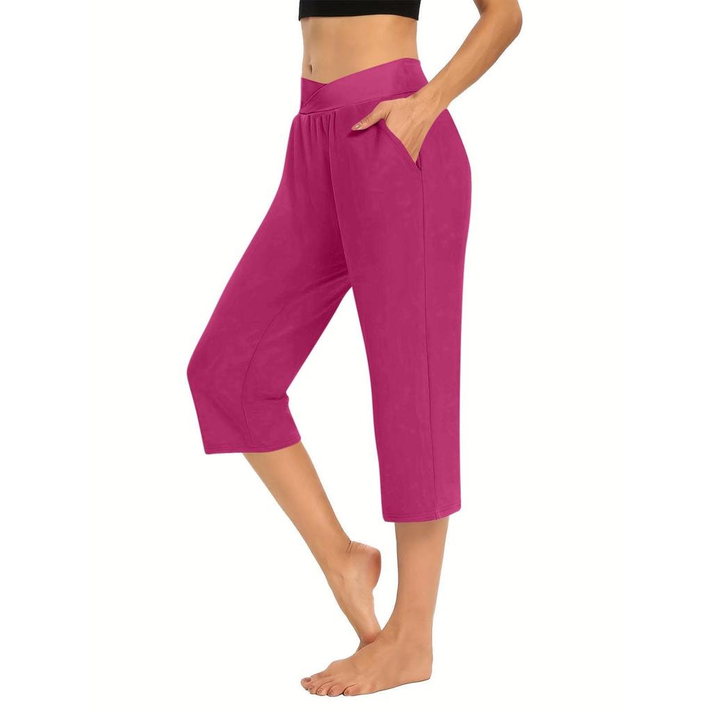Women  Elastic High Waist 3/4 Pant Casual Active  Fit Wide Capris Leg Pants Trousers With Pockets