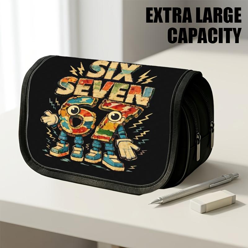 1pc Double Layer Flip Pencil Case, Six Seven Robot, Large Capacity, Portable Polyester Pen Storage Bag with Zipper Closure, Ideal for School & Office